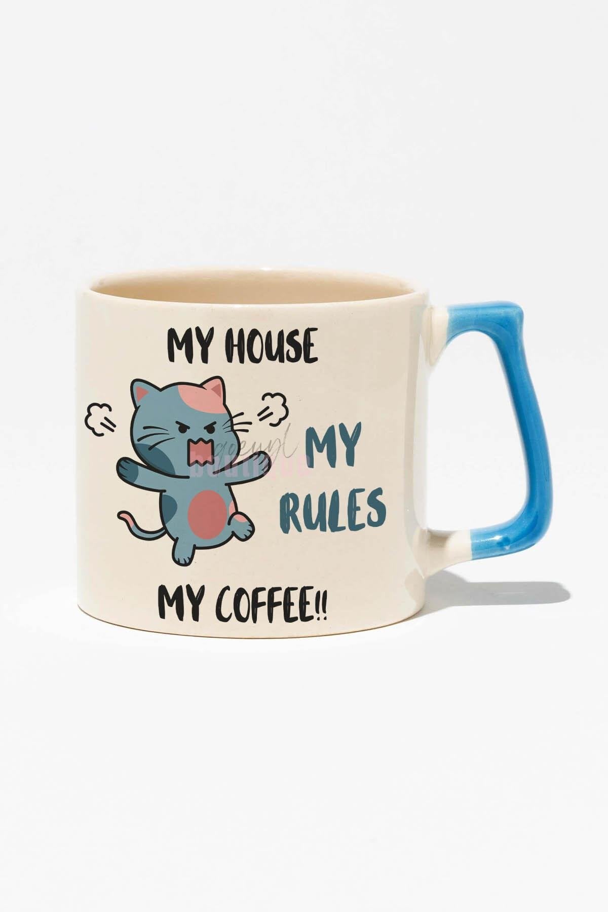 My House My Rules My Coffee Baskılı | Hediyelik | Kırmızı Kulplu Modern Seramik Kupa