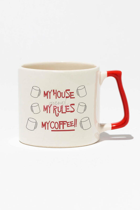 My House My Rules My Coffee Baskılı | Hediyelik | Kırmızı Kulplu Modern Seramik Kupa
