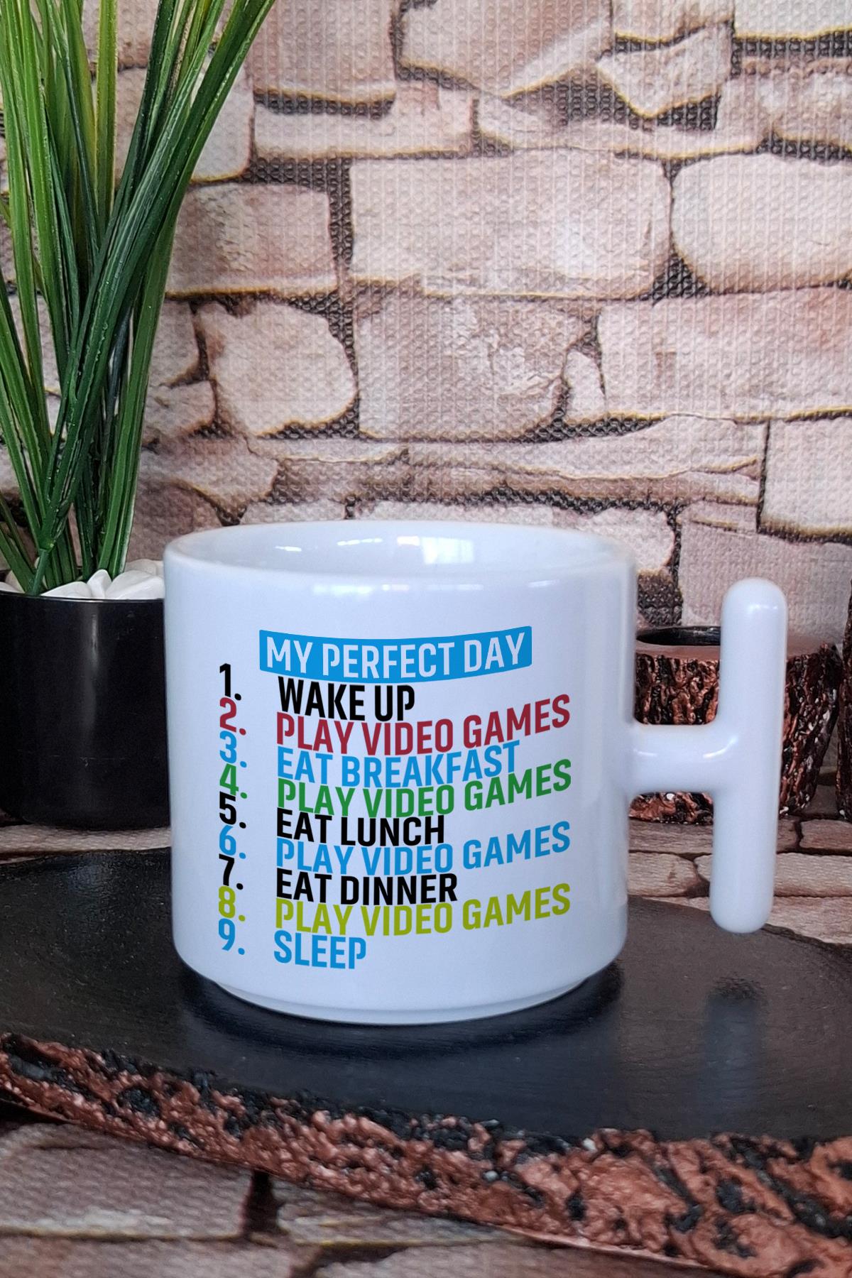 My Perfect Day Black Classic Fit Gamer Hediyelik Baskılı T Kulplu Latte Fincanı Kupa Bardak