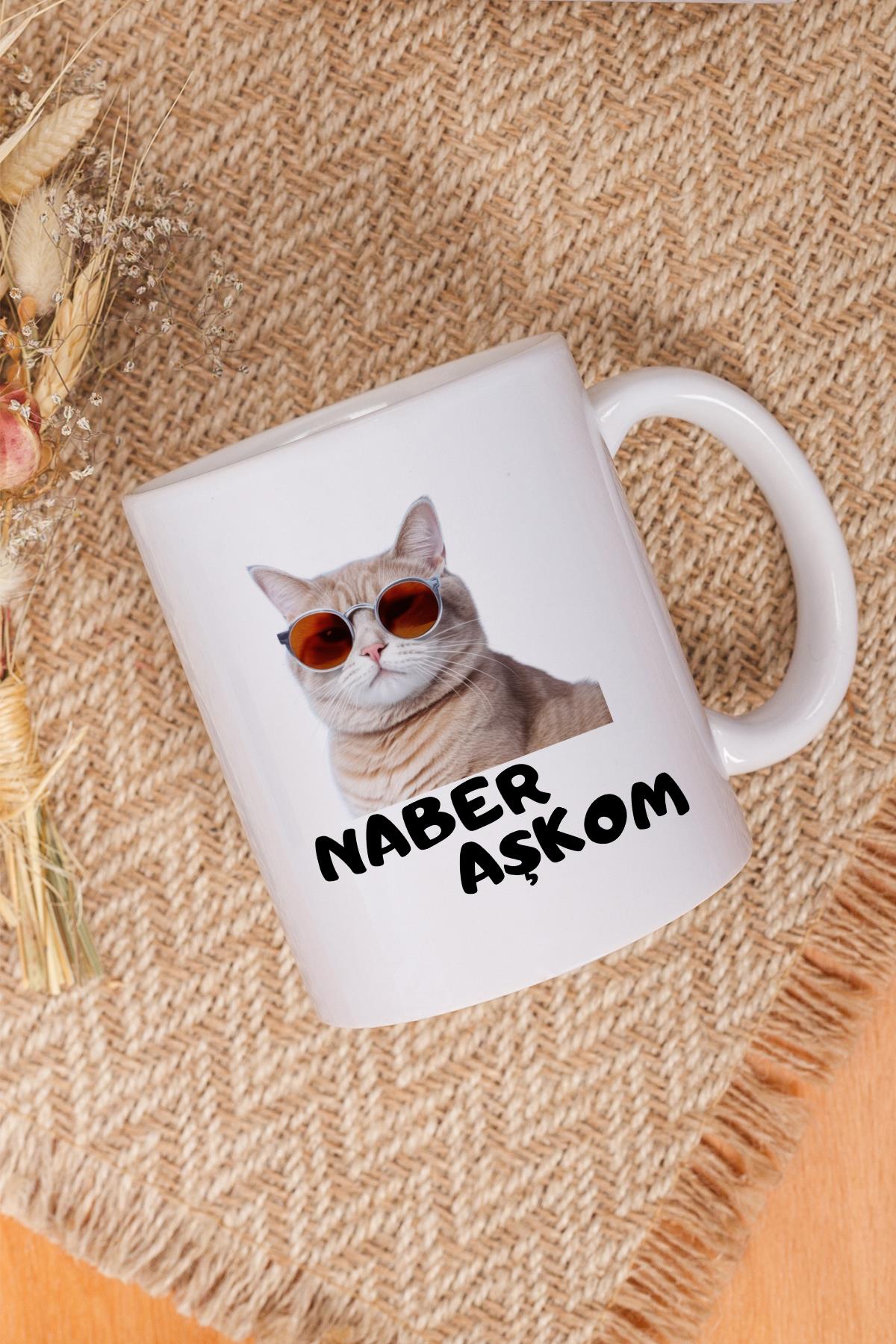 Naber Aşkom-Komik Kedi Baskılı Eğlenceli Hediyelik Beyaz Kupa Bardak