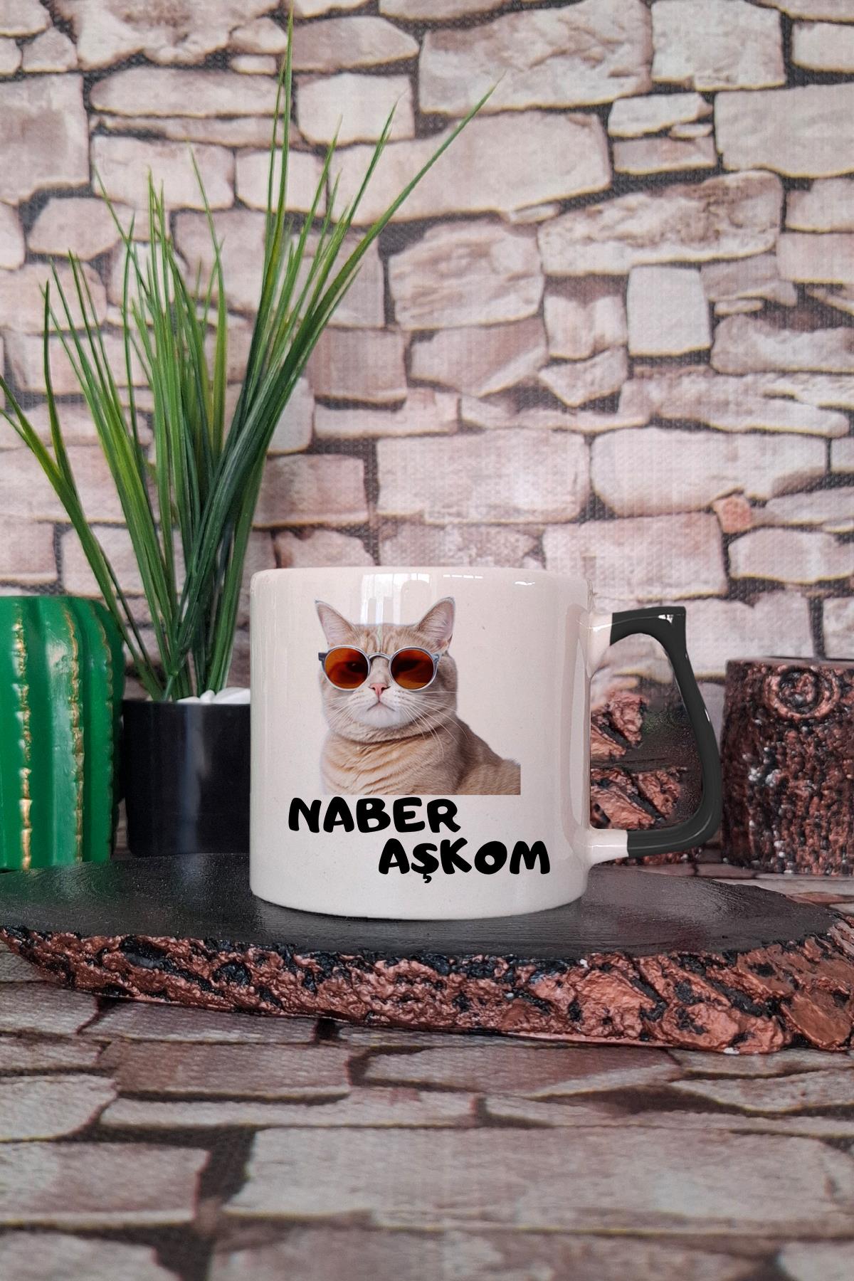 Naber Aşkom-Komik Kedi Baskılı Eğlenceli Hediyelik Renkli Kulplu Fincan-Kupa Bardak