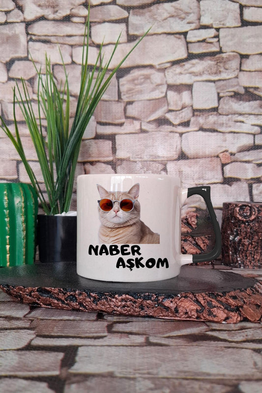 Naber Aşkom-Komik Kedi Baskılı Eğlenceli Hediyelik Renkli Kulplu Fincan-Kupa Bardak