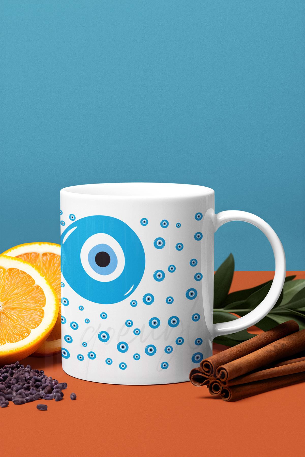 Nazar Boncuğu Baskılı Hediyelik Beyaz Kupa Bardak