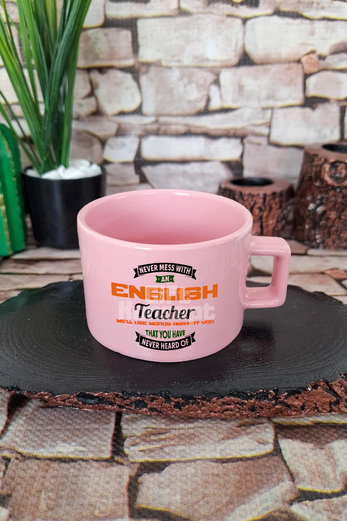 Never Mess With An English Teacher Baskılı İngilizce Öğretmeni Kare Kulplu Fincan Mavi Kupa Bardak