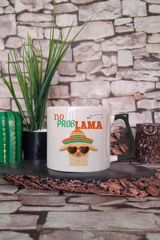 No Problama-Lama Baskılı Komik Hediyelik Renkli Kulplu Fincan-Kupa Bardak