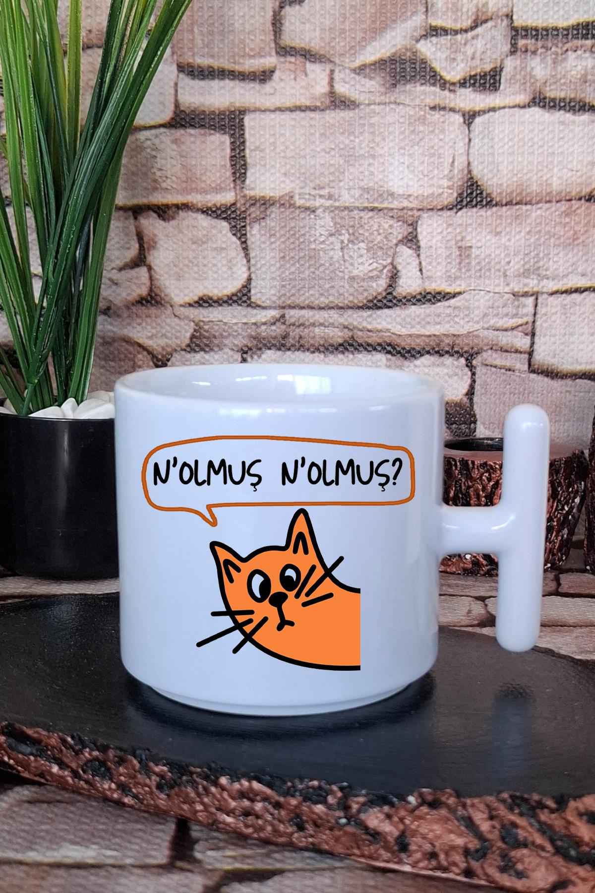 Nolmuş? Meraklı Kedi Baskılı Eğlenceli Hediye T Kulplu Latte Fincanı Kupa Bardak