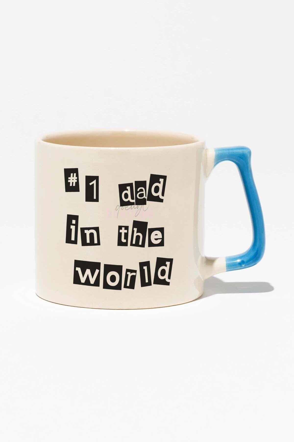 Number 1 Dad In The World Babalar Günü Hediye Baskılı Mavi Kulplu Modern Seramik Kupa