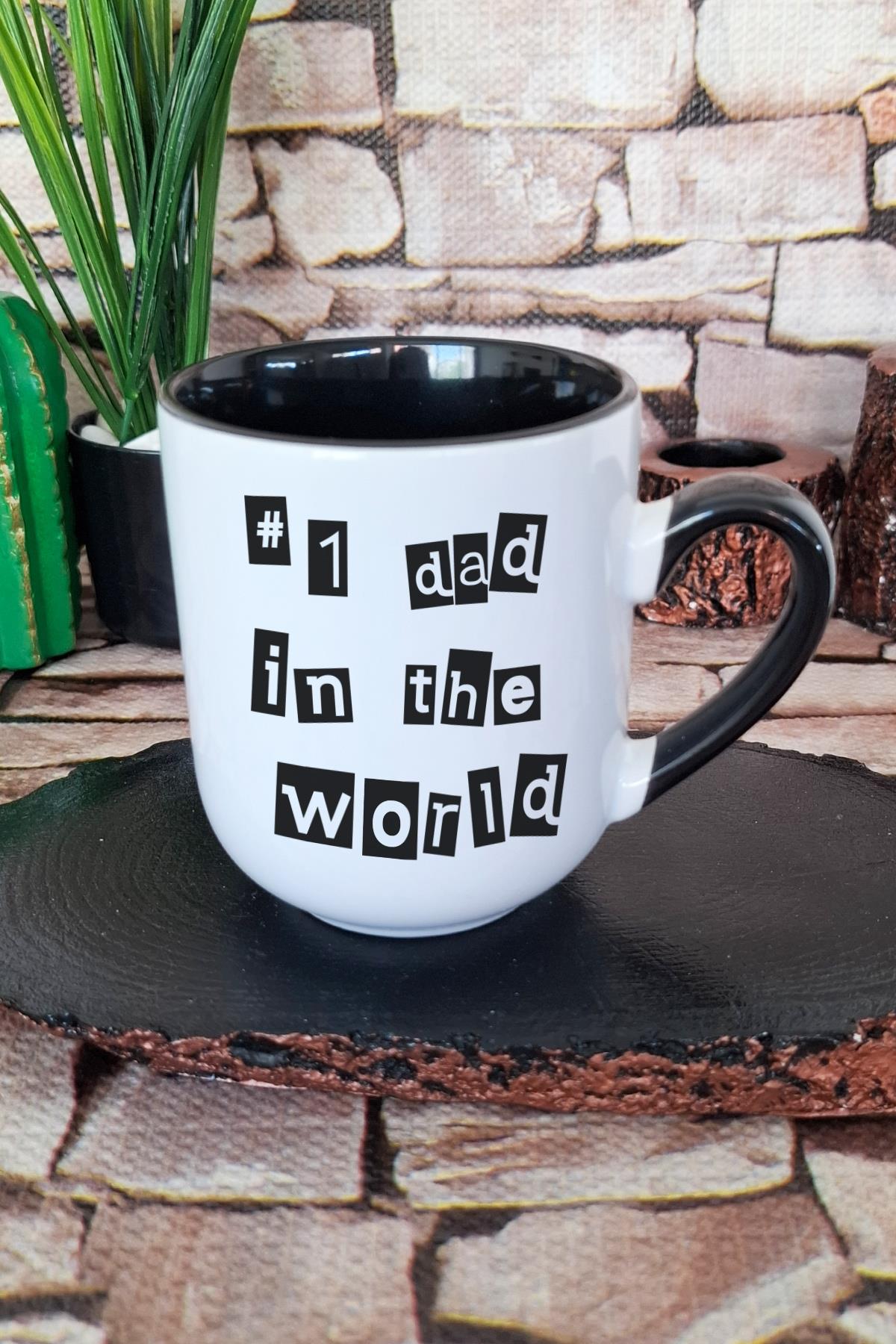 Number 1 Dad In The World Babalar Günü Hediye Baskılı İçi ve Kulpu Siyah Renkli Premium Kupa Bardak