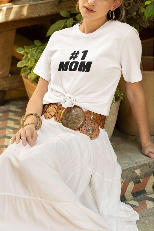 Number One Mom Baskılı Anneler Günü Eğlenceli Hediyelik Beyaz Unisex T-Shirt