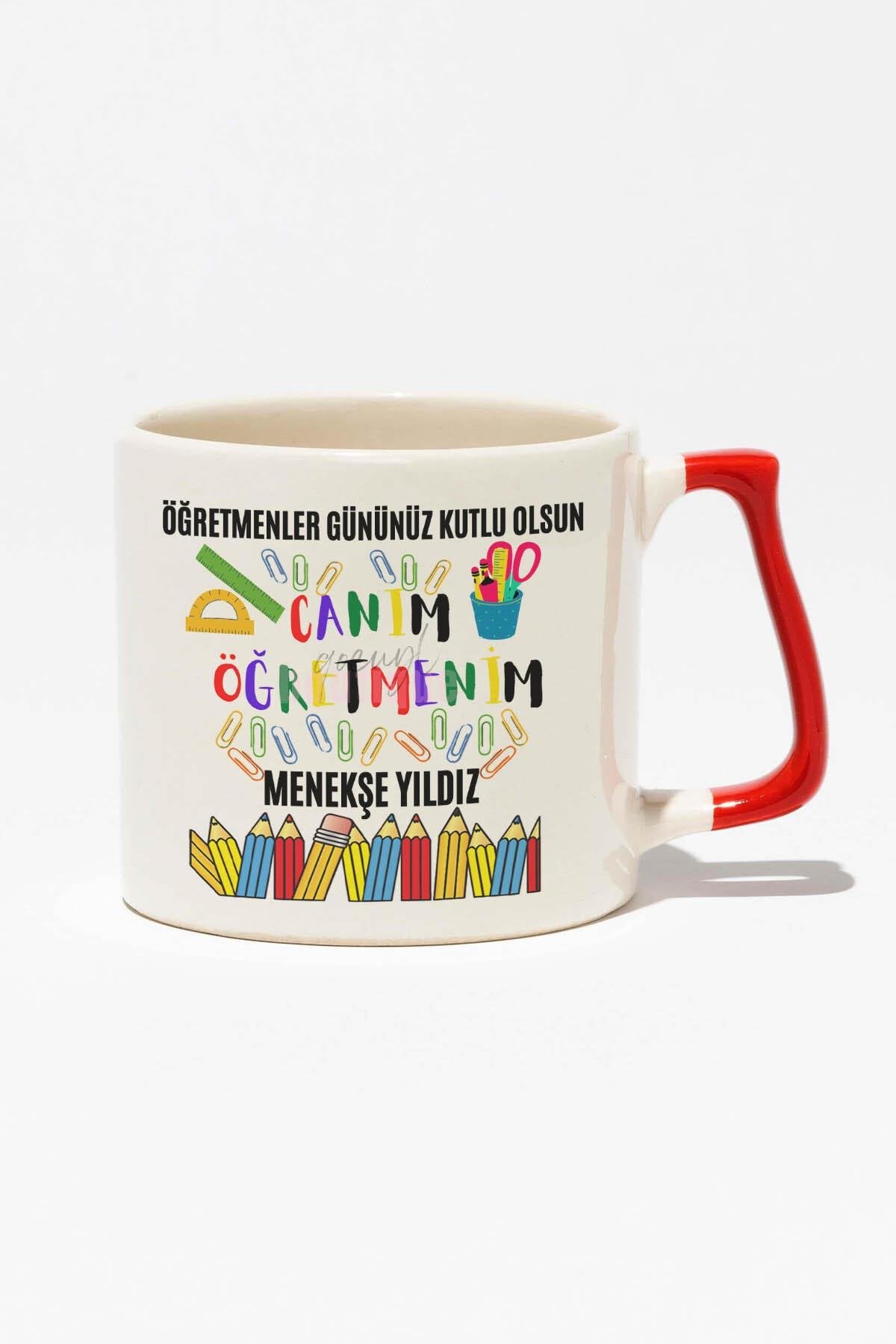 Öğretmenler Günü Baskılı | Kişiye Özel Hediyelik | Kırmızı Kulplu Modern Seramik Kupa