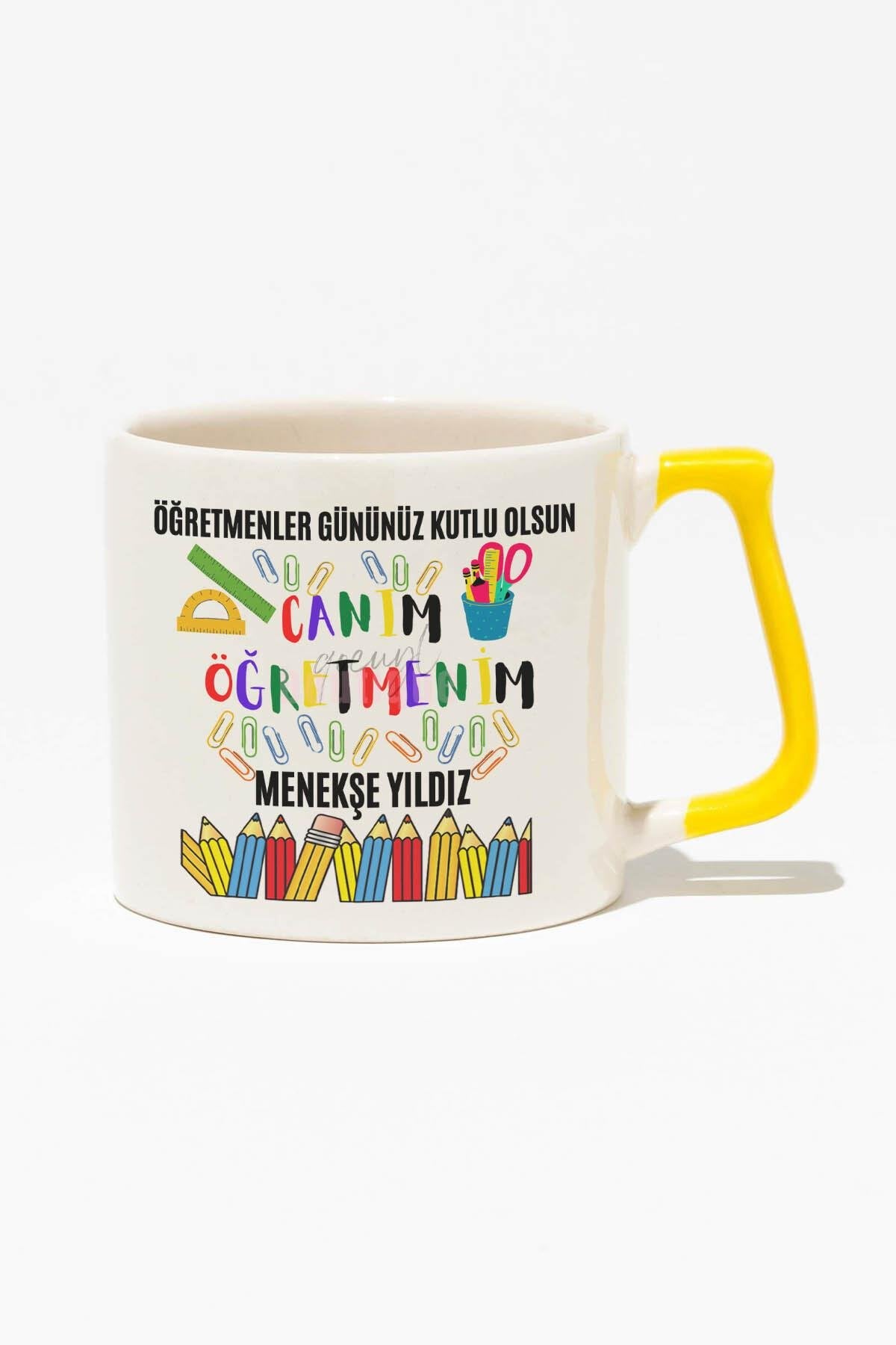 Öğretmenler Günü Baskılı | Kişiye Özel Hediyelik | Kırmızı Kulplu Modern Seramik Kupa