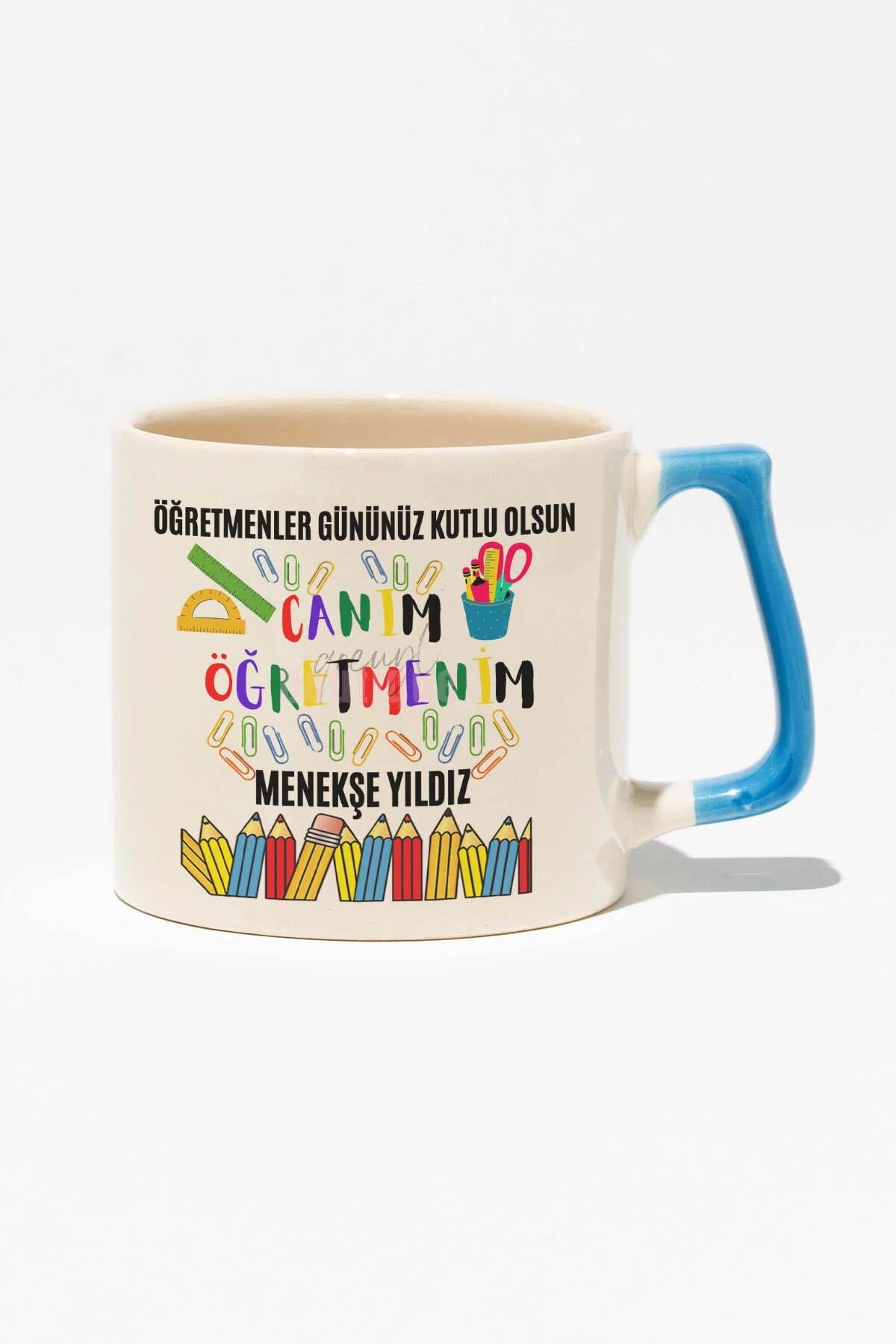 Öğretmenler Günü Baskılı | Kişiye Özel Hediyelik | Kırmızı Kulplu Modern Seramik Kupa