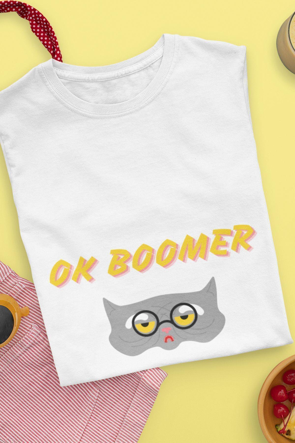 OK Boomer-Kedi Baskılı Eğlenceli Hediyelik Beyaz Unisex T-Shirt