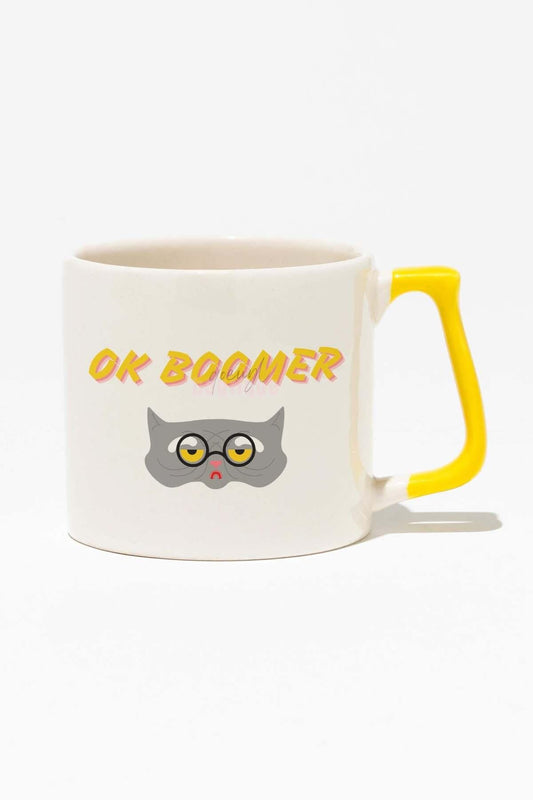 OK Boomer-Kedi Eğlenceli Hediyelik Beyaz Baskılı Sarı Kulplu Modern Seramik Kupa
