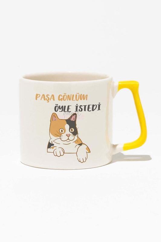 Paşa Gönlüm Öyle İstedi-3-Kedi Hediyelik Eğlenceli Baskılı Sarı Kulplu Modern Seramik Kupa