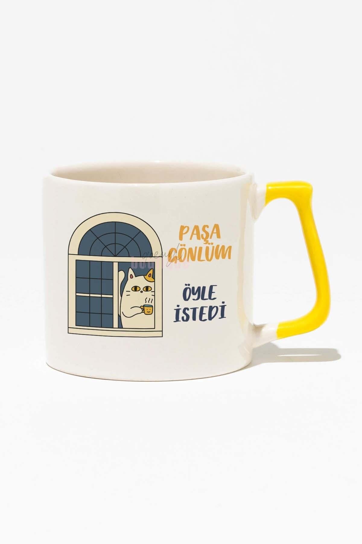 Paşa Gönlüm Öyle İstedi-4-Camda Kedi Hediyelik Baskılı Sarı Kulplu Modern Seramik Kupa