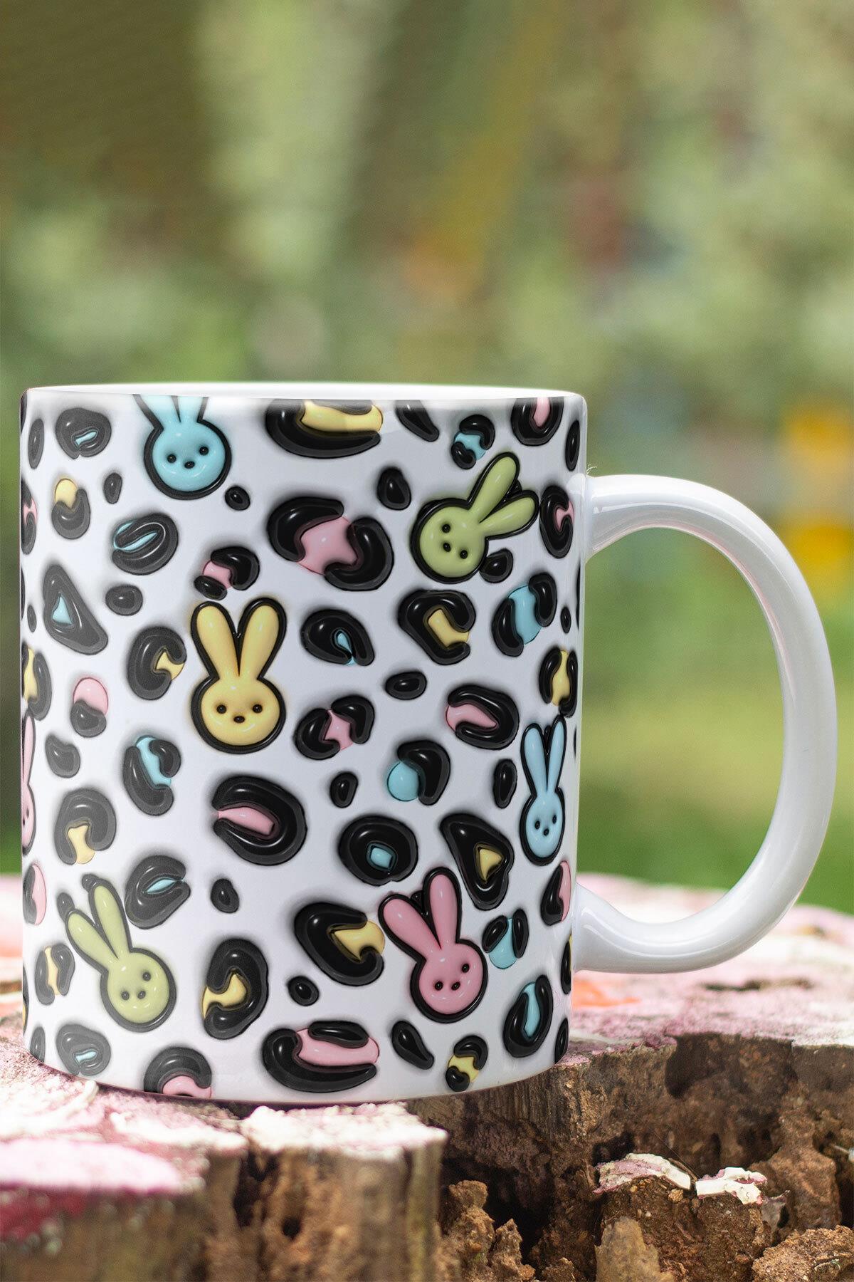 Pastel Leopar Desenleri 3D Tasarım Görünümlü Baskılı Kupa Bardak Mug
