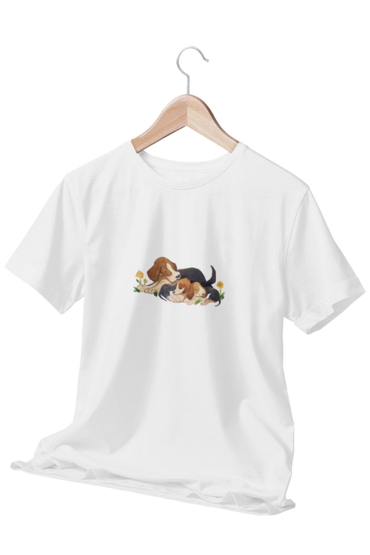 Patili Yavruların Neşesi-Köpek-Baskılı Beyaz Unisex T-Shirt