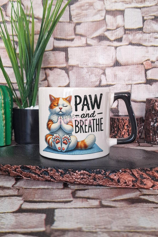 Paw And Breathe Baskılı Kedi Yoga Meditasyon Pati Teması Hediyelik Kulplu Kupa Bardak