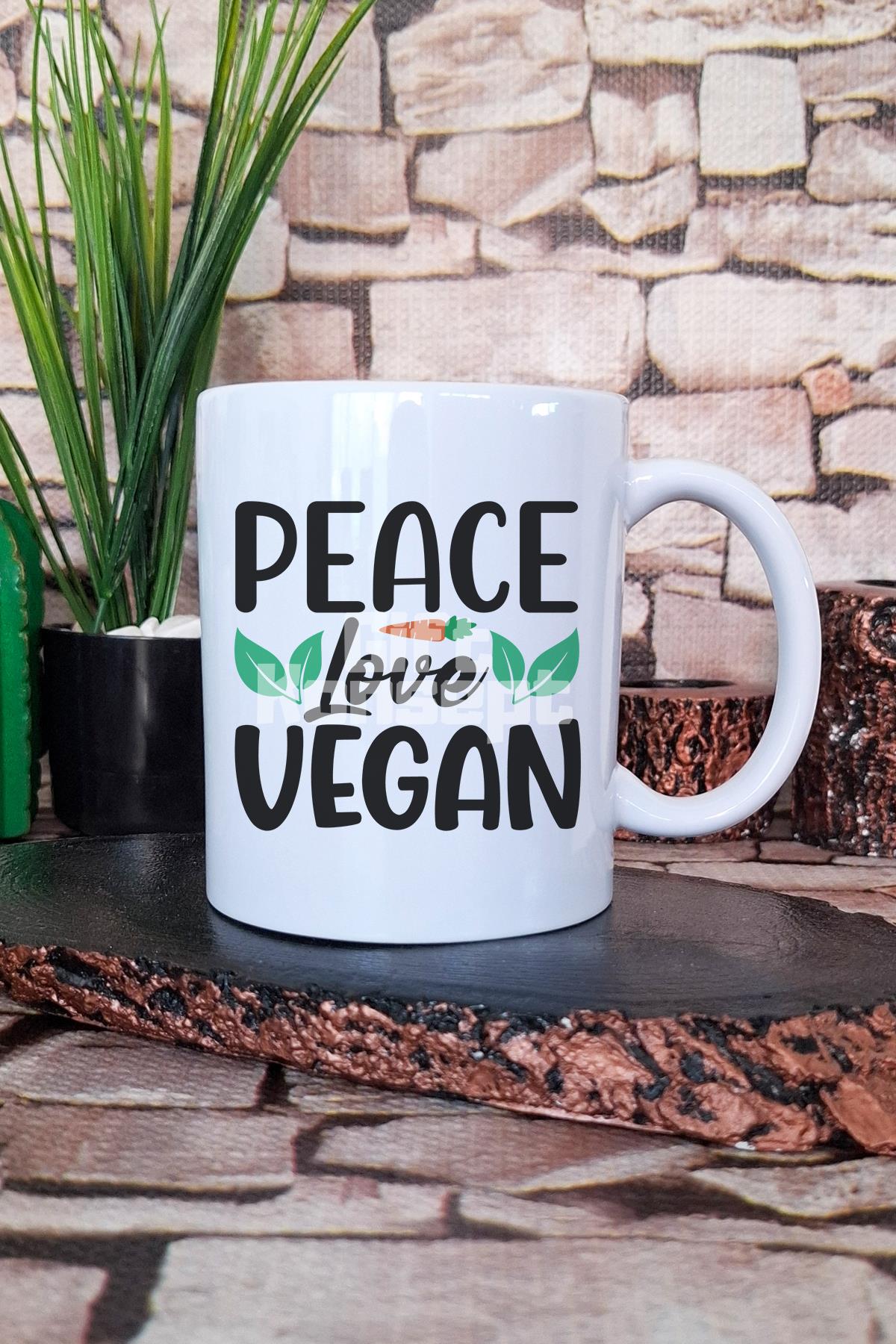 Peace Love Vegan Hediyelik Baskılı Çay Kahve Sunum Kupa Bardak