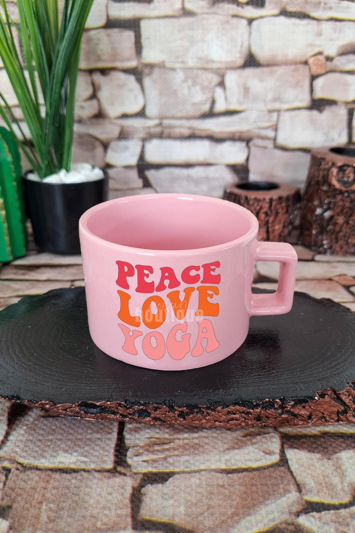 Peace Love Yoga Huzur Aşk Yoga Kare Kulplu Fincan Mavi Kupa Bardak