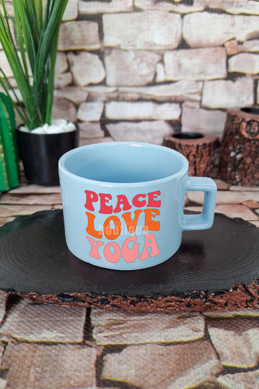 Peace Love Yoga Huzur Aşk Yoga Kare Kulplu Fincan Mavi Kupa Bardak