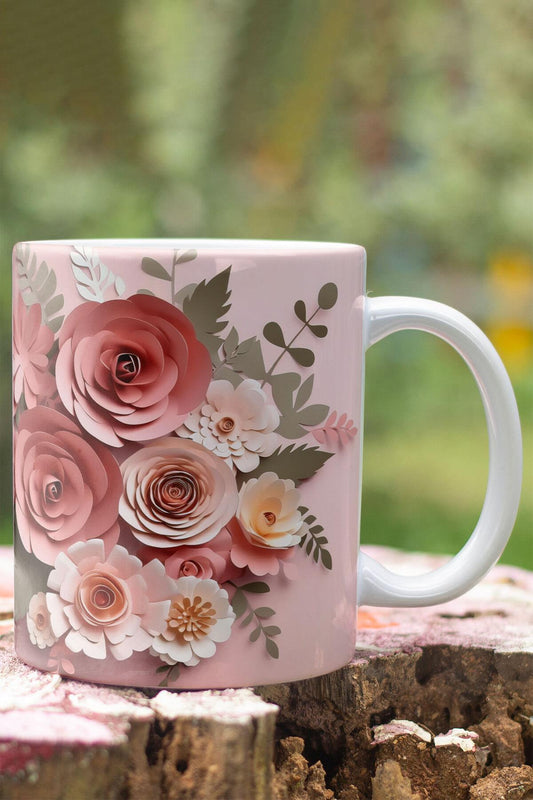 Pembe Çiçekler 3D Tasarım Görünümlü Baskılı Kupa Bardak Mug