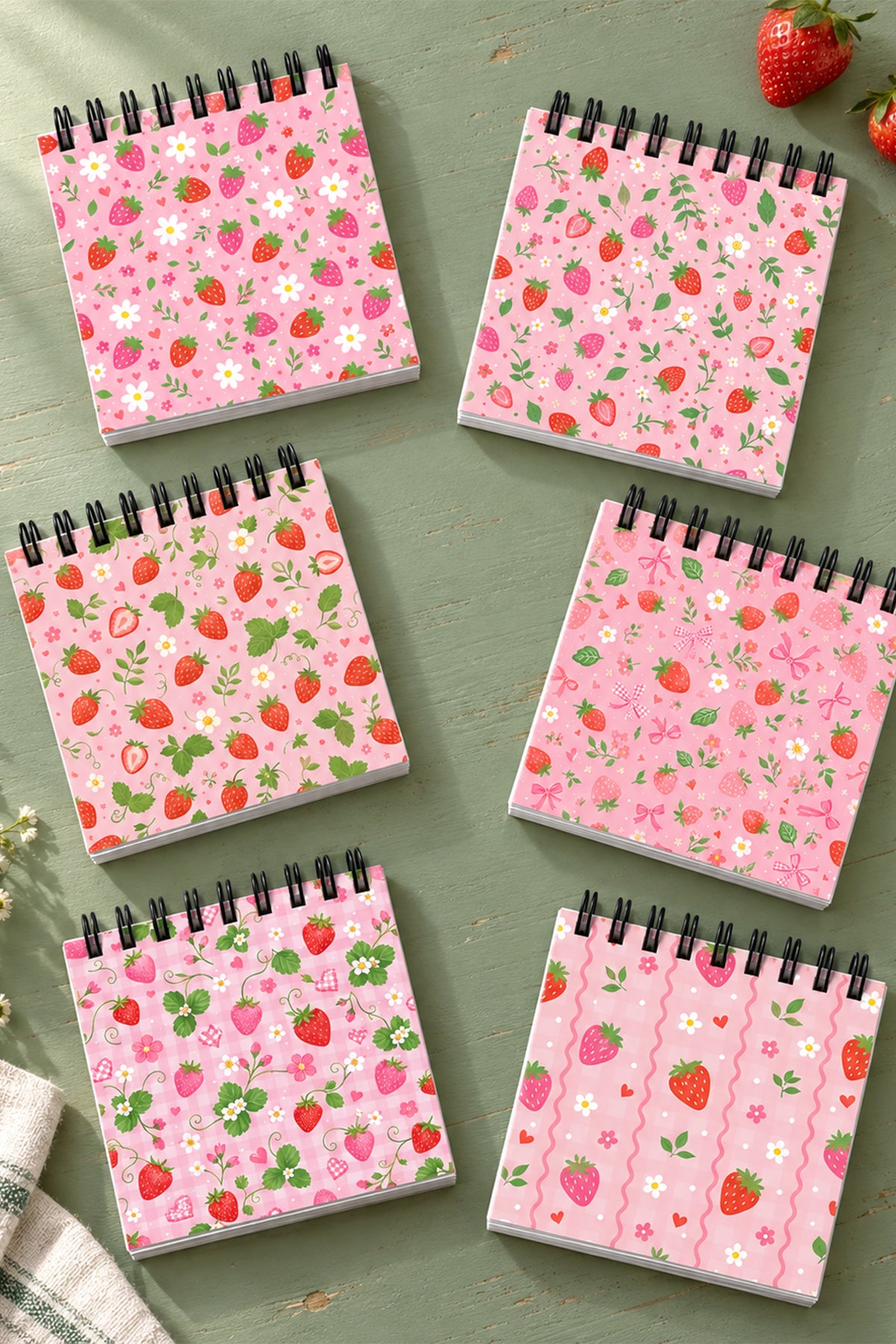 Pembe cilek cicek ve fiyonk desenli mini spiral not defterleri