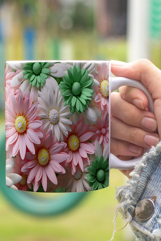 Pembe Papatyalar 3D Tasarım Görünümlü Baskılı Kupa Bardak Mug