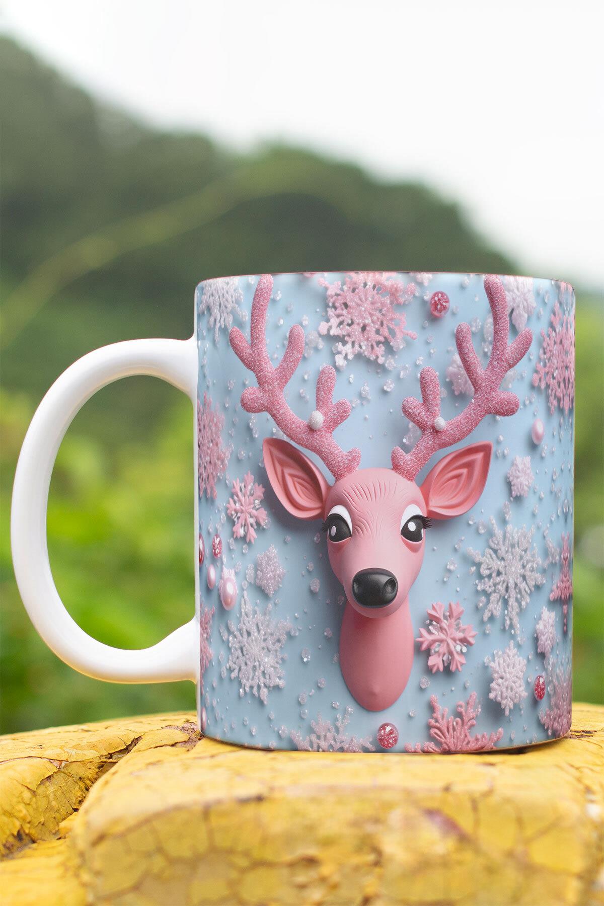 Pembe Ren Geyiği 3D Tasarım Görünümlü Baskılı Kupa Bardak Mug