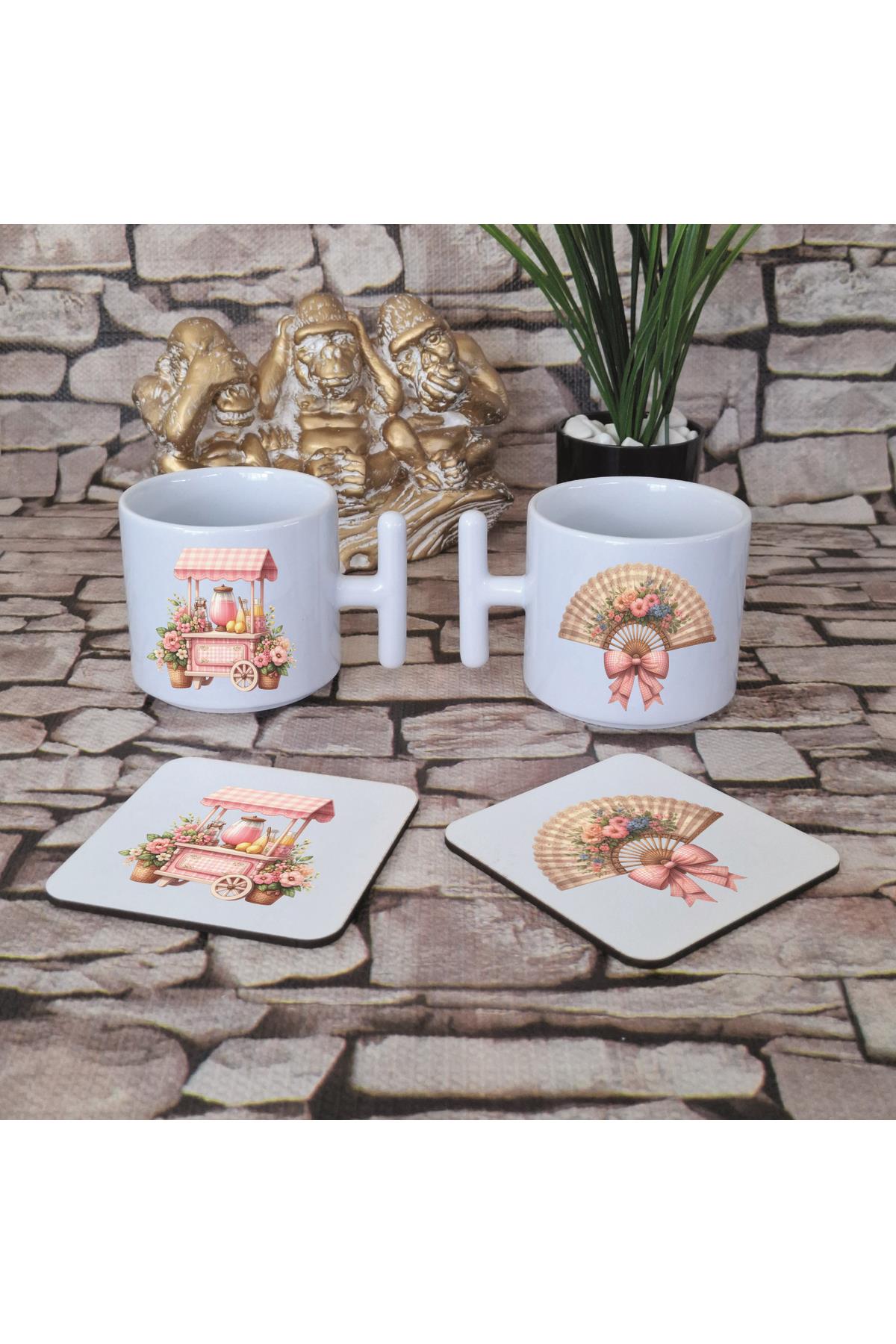 Pembe Yaz Teması Baskılı 4'lü Set Ahşap Bardak Altlığı ve Latte Fincanı T Kulplu Kupa Bardak