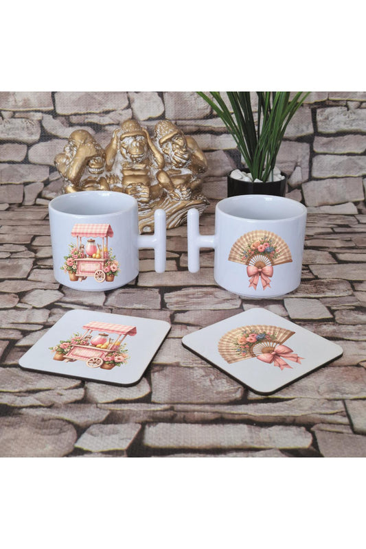 Pembe Yaz Teması Baskılı 4'lü Set Ahşap Bardak Altlığı ve Latte Fincanı T Kulplu Kupa Bardak