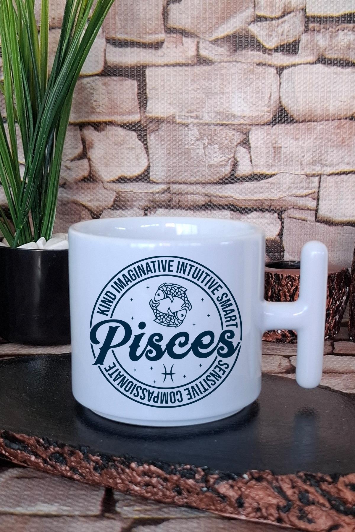 Pisces Traits Baskılı Balık Burcu Hediyelik Baskılı T Kulplu Latte Fincanı Kupa Bardak
