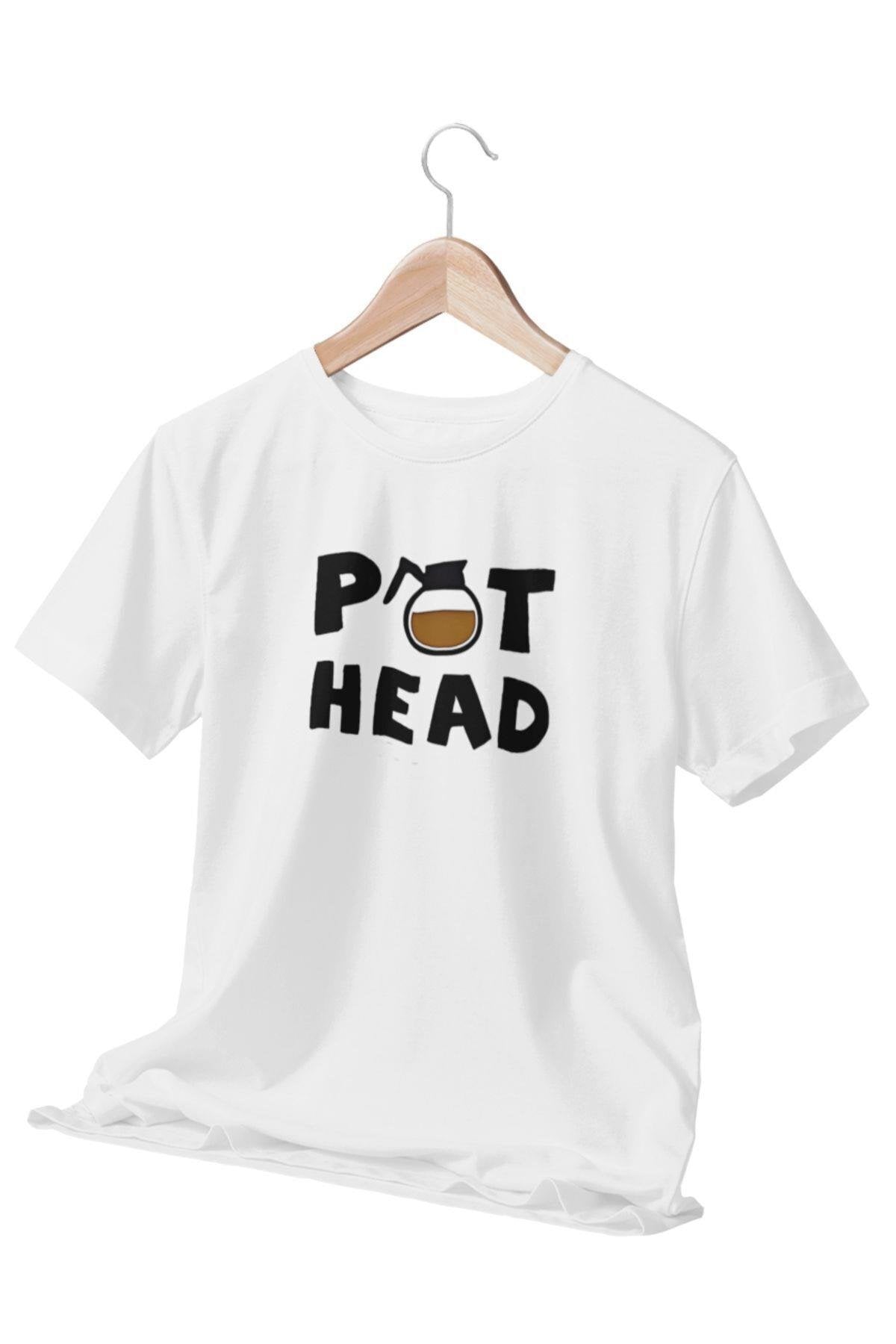 Pot Head Baskılı Eğlenceli Hediyelik Beyaz Unisex T-Shirt