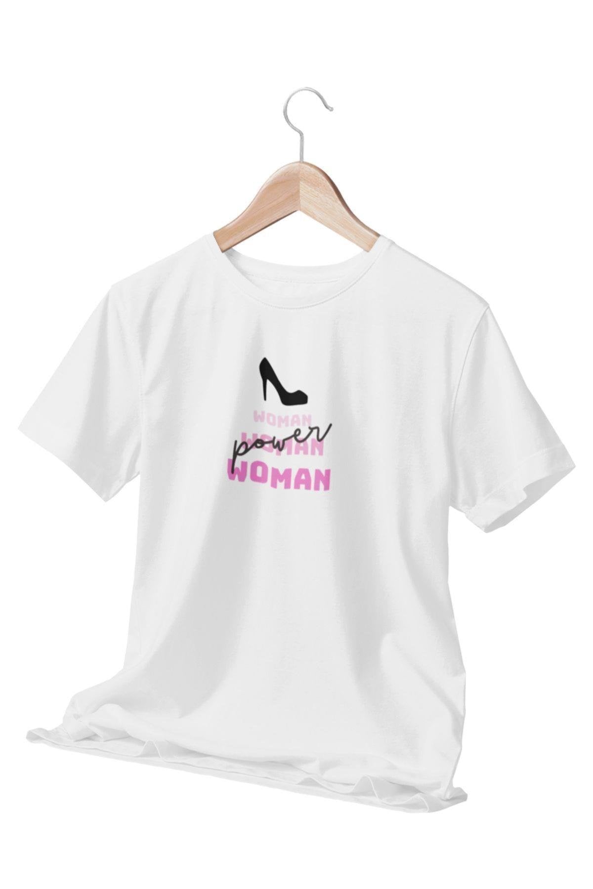 Power Woman Baskılı Feminen Beyaz Kadın T-Shirt