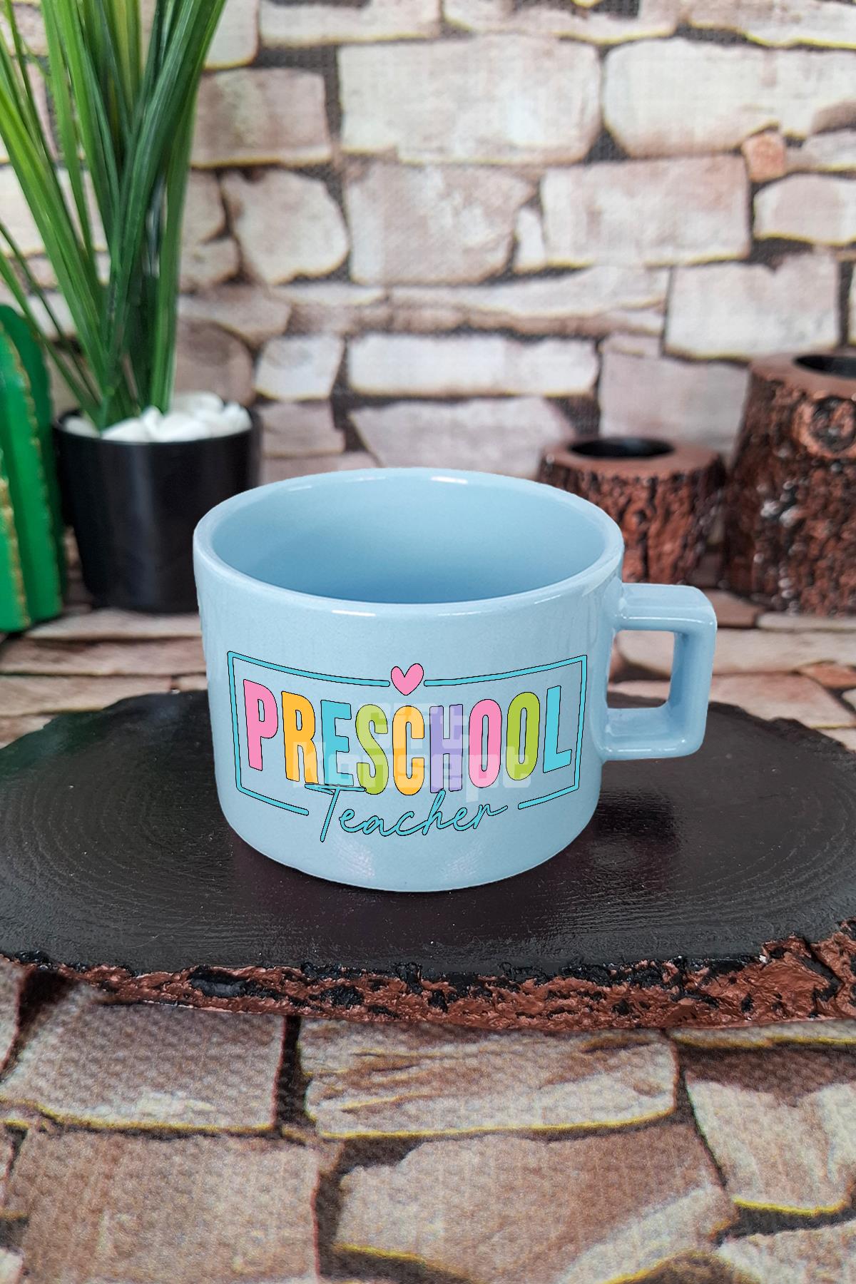 Preschool Teacher Baskılı Okul Öncesi Eğitimcisi Kare Kulplu Fincan Mavi Kupa Bardak