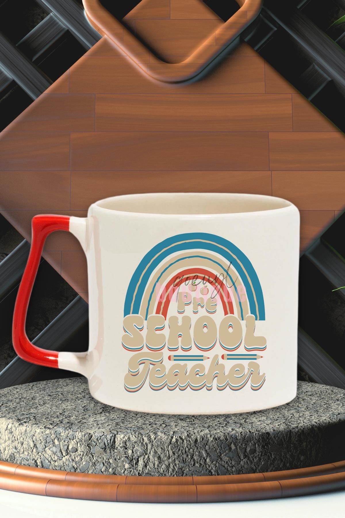 Preschool Teacher Desenli Okul Öncesi Öğretmeni Hediyelik Kulplu Kupa Bardak