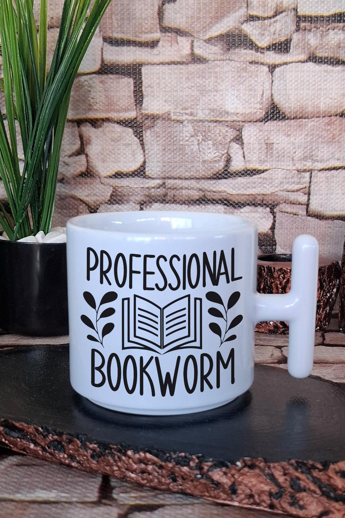 Professional Bookworm Desenli Kitap Tutkunu Hediyelik T Kulplu Latte Fincanı Kupa Bardak