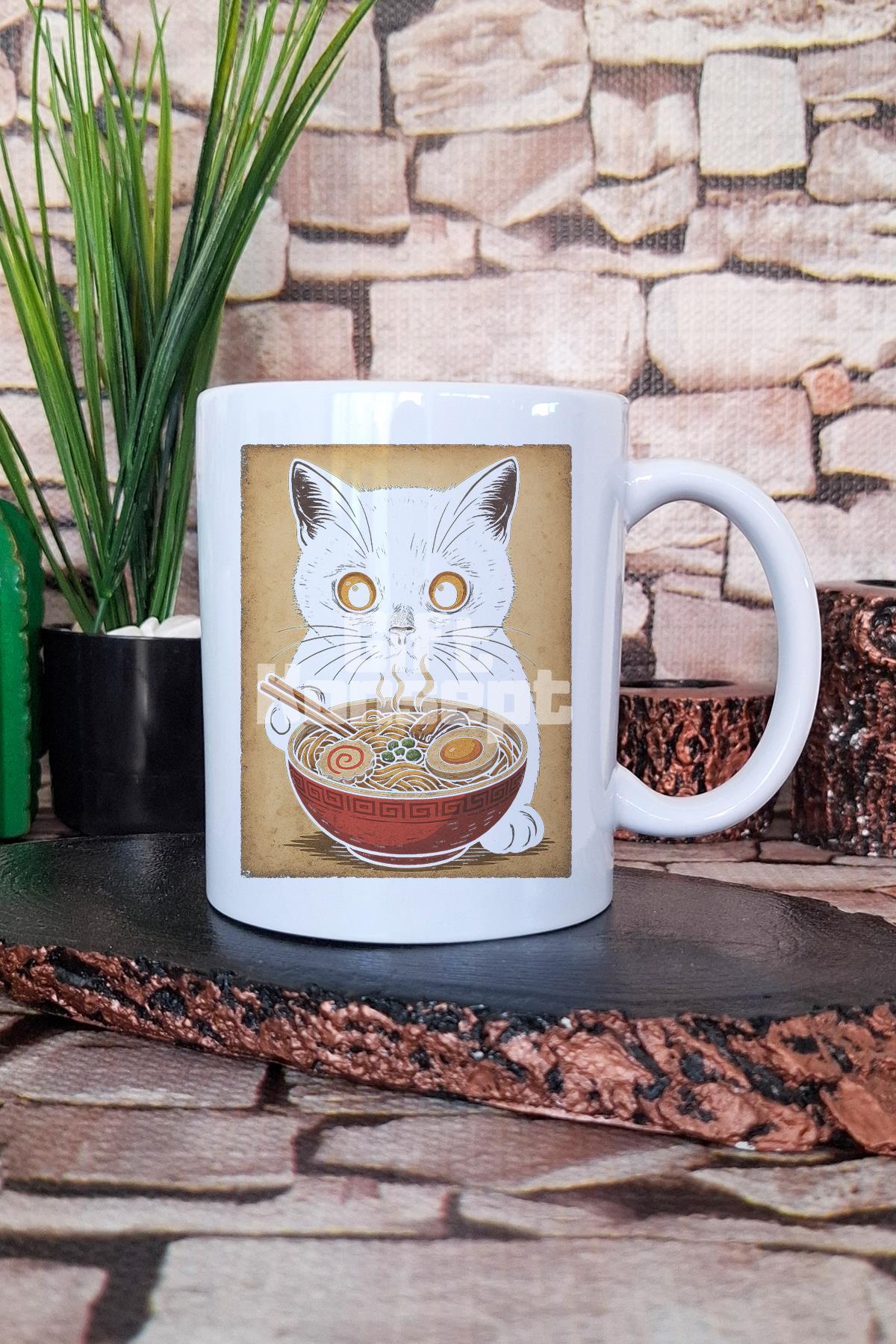 Ramen Sevimli Kedi Baskılı Japon Noodle Anime Manga Hediyelik Baskılı Çay Kahve Sunum Kupa Bardak