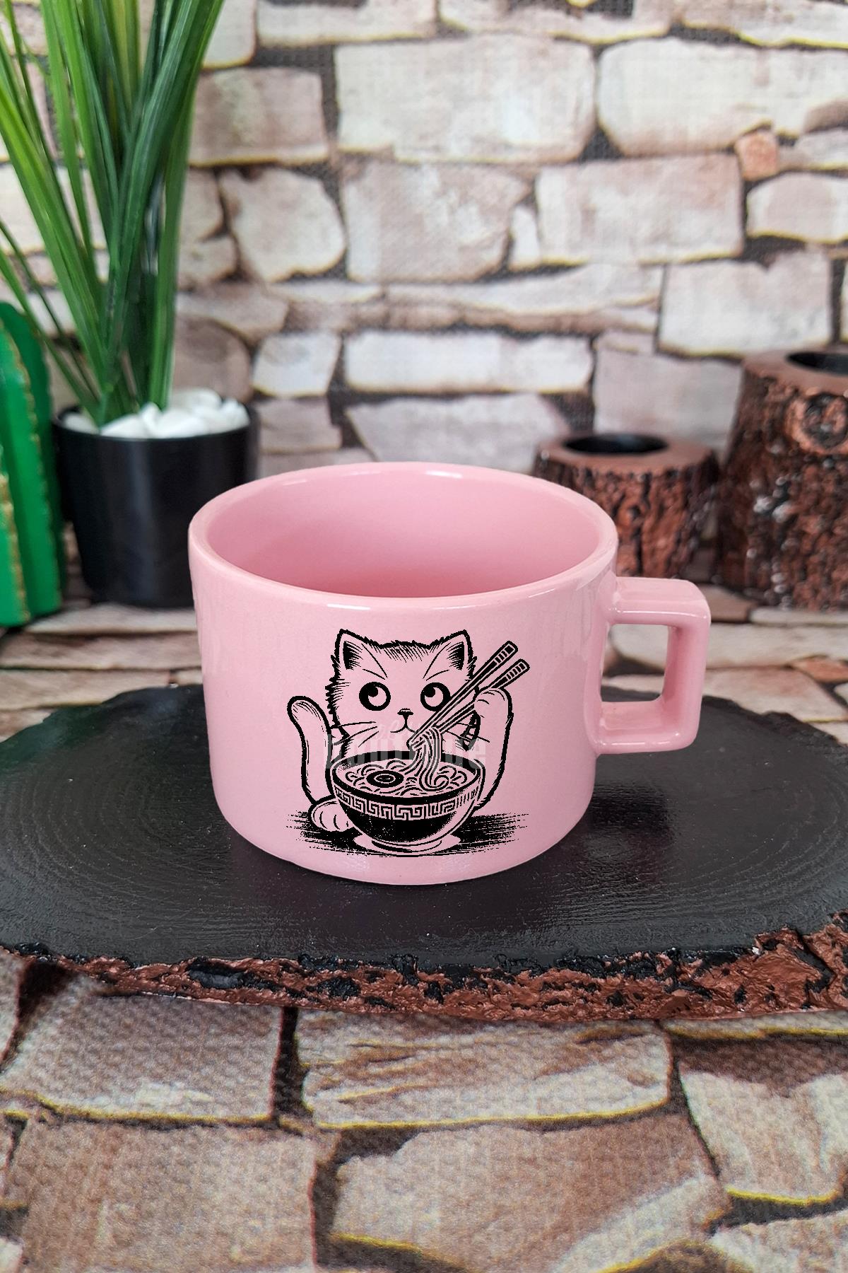 Ramen Siyah Çizim Kedi Baskılı Japon Anime Manga Sanatı Kare Kulplu Fincan Mavi Kupa Bardak