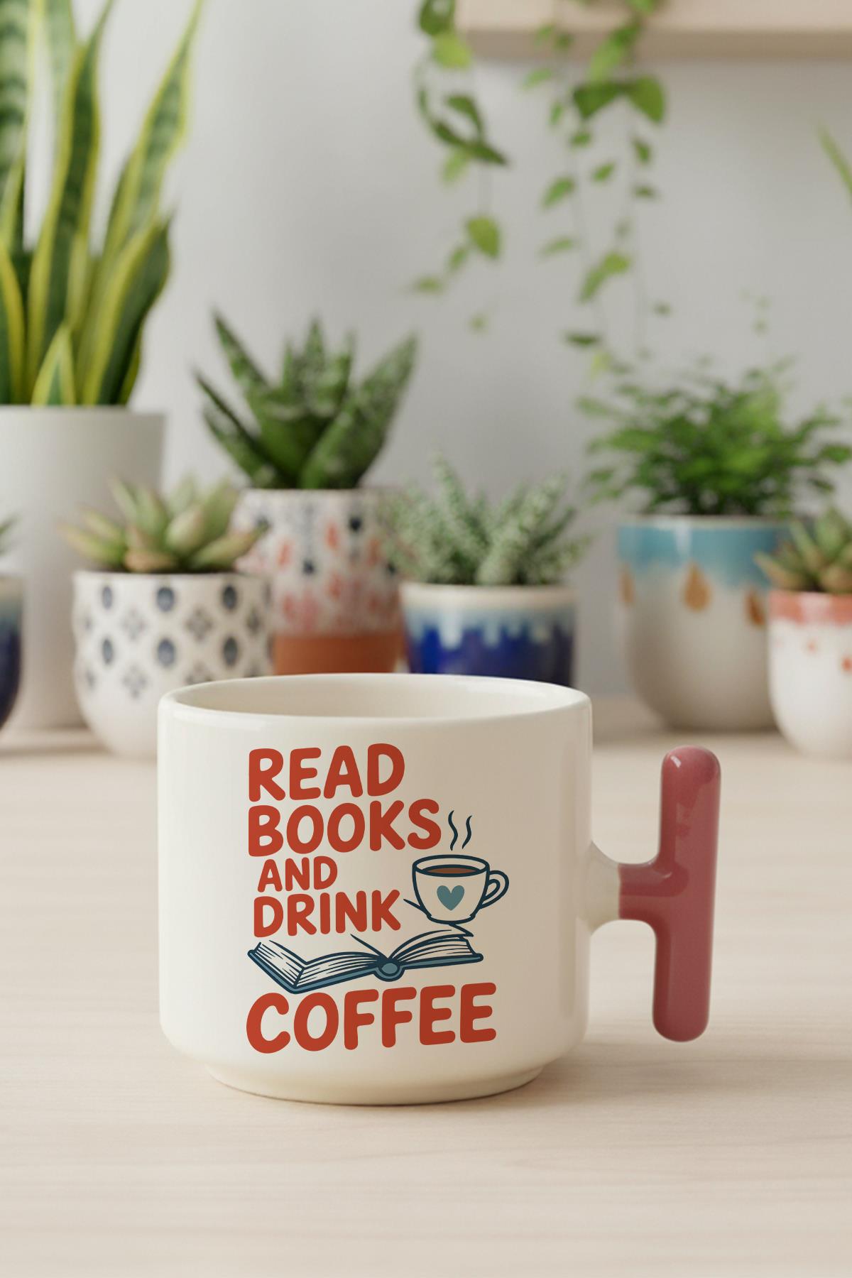 Read Books And Coffee Baskılı Hediyelik T Kulplu Latte Fincanı Kupa Bardak