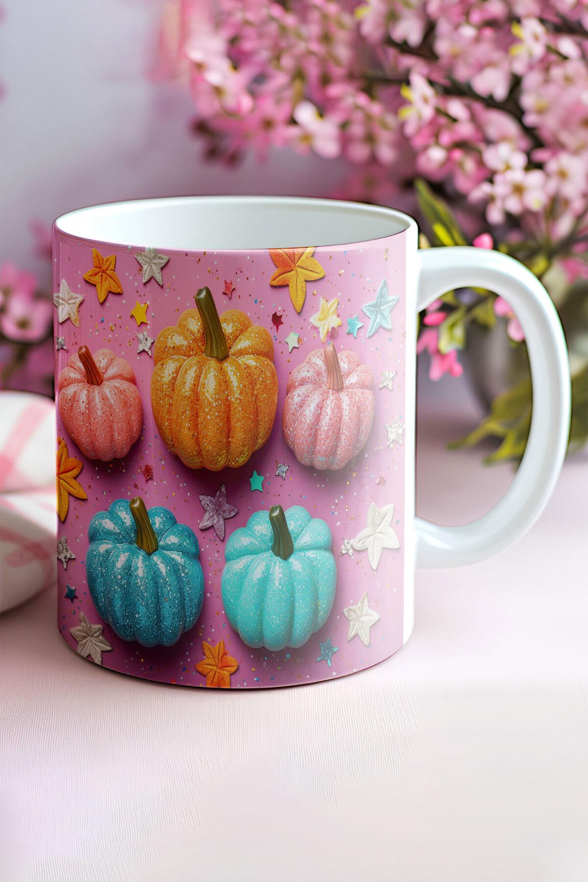 Renkli Balkabakları 3D Tasarım Görünümlü Baskılı Kupa Bardak Mug