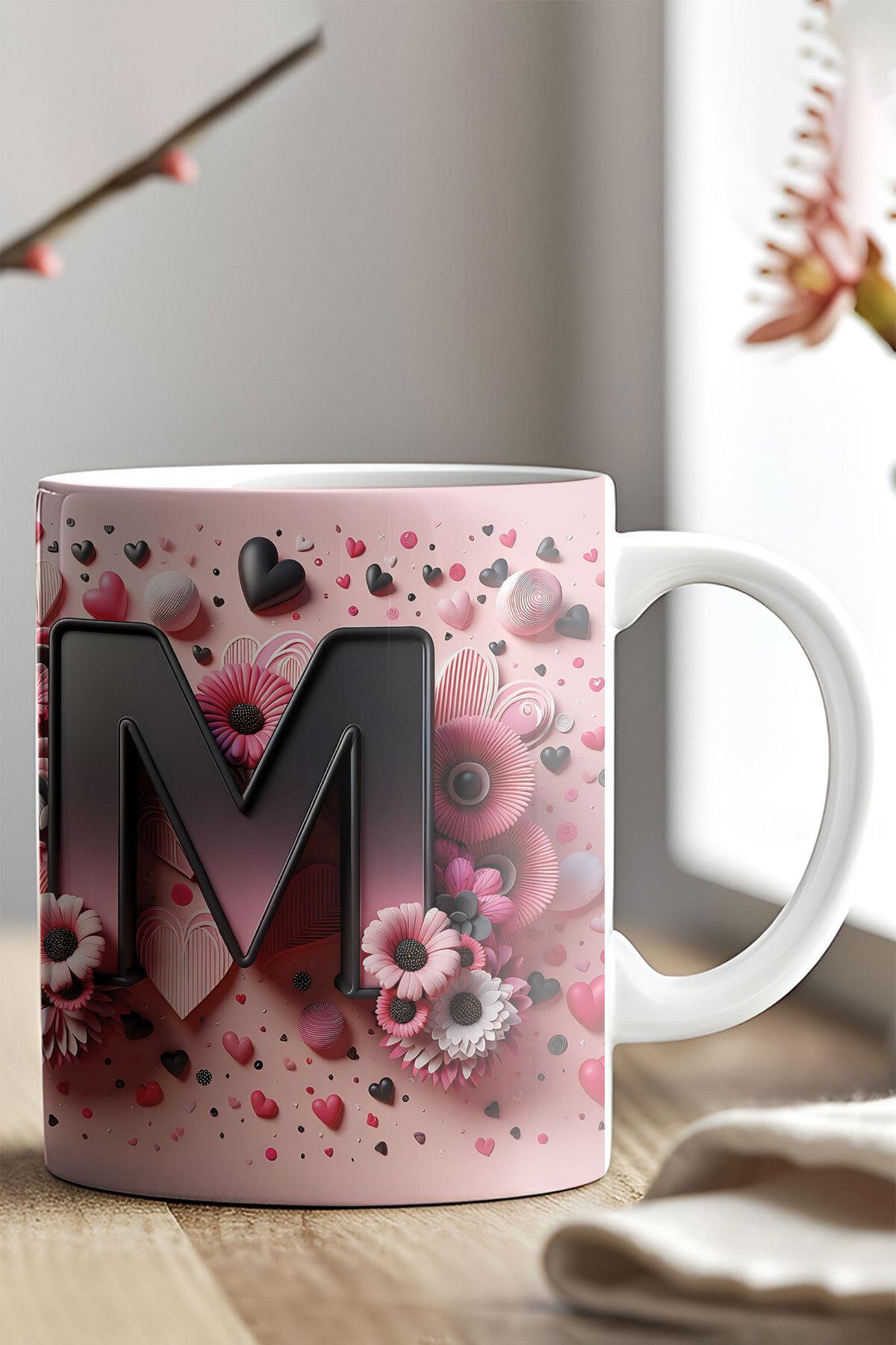 Renkli Çiçekli A Harfi Baskılı 3D Görünümlü Tasarım Mug Kupa Bardak