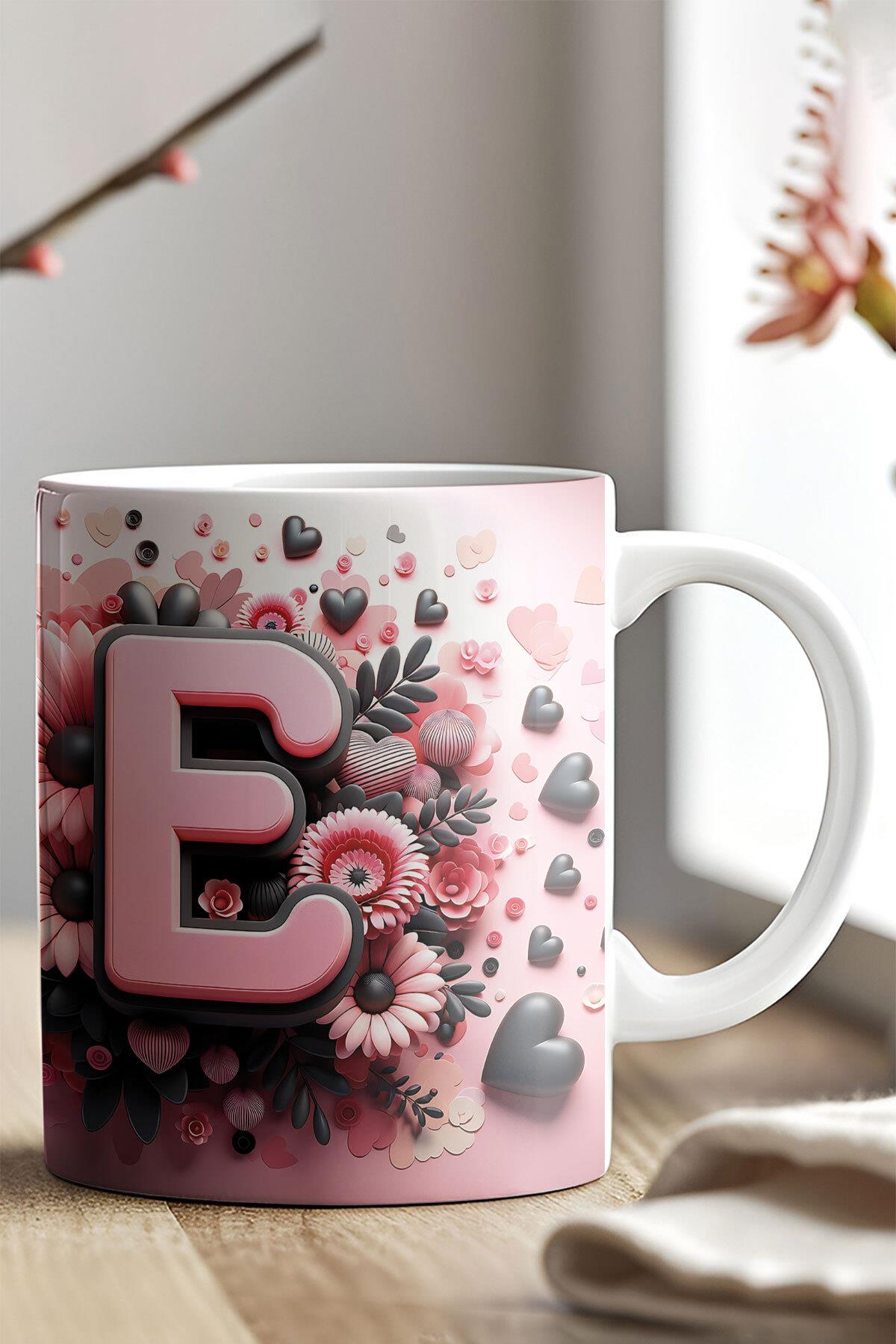 Renkli Çiçekli A Harfi Baskılı 3D Görünümlü Tasarım Mug Kupa Bardak