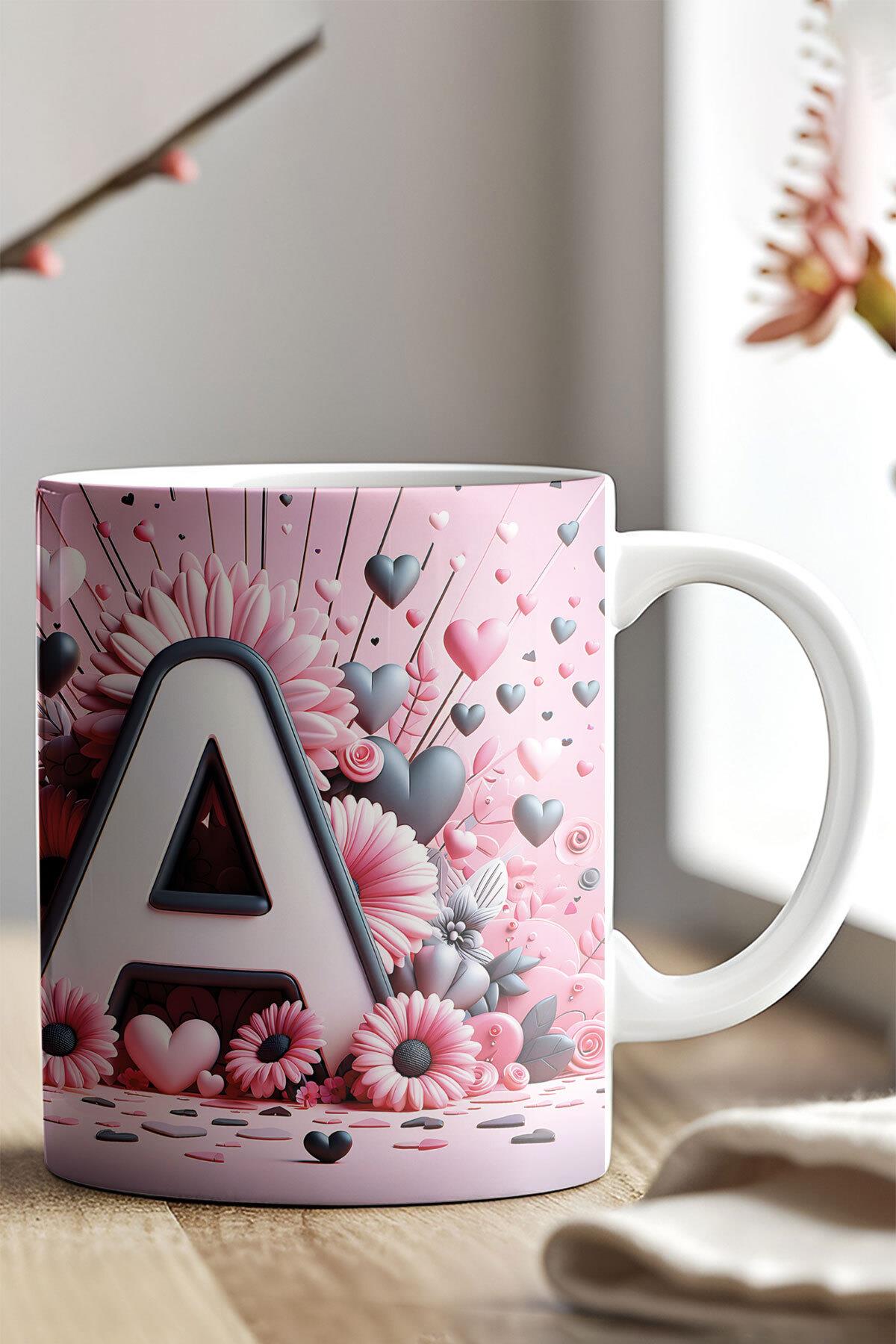 Renkli Çiçekli A Harfi Baskılı 3D Görünümlü Tasarım Mug Kupa Bardak