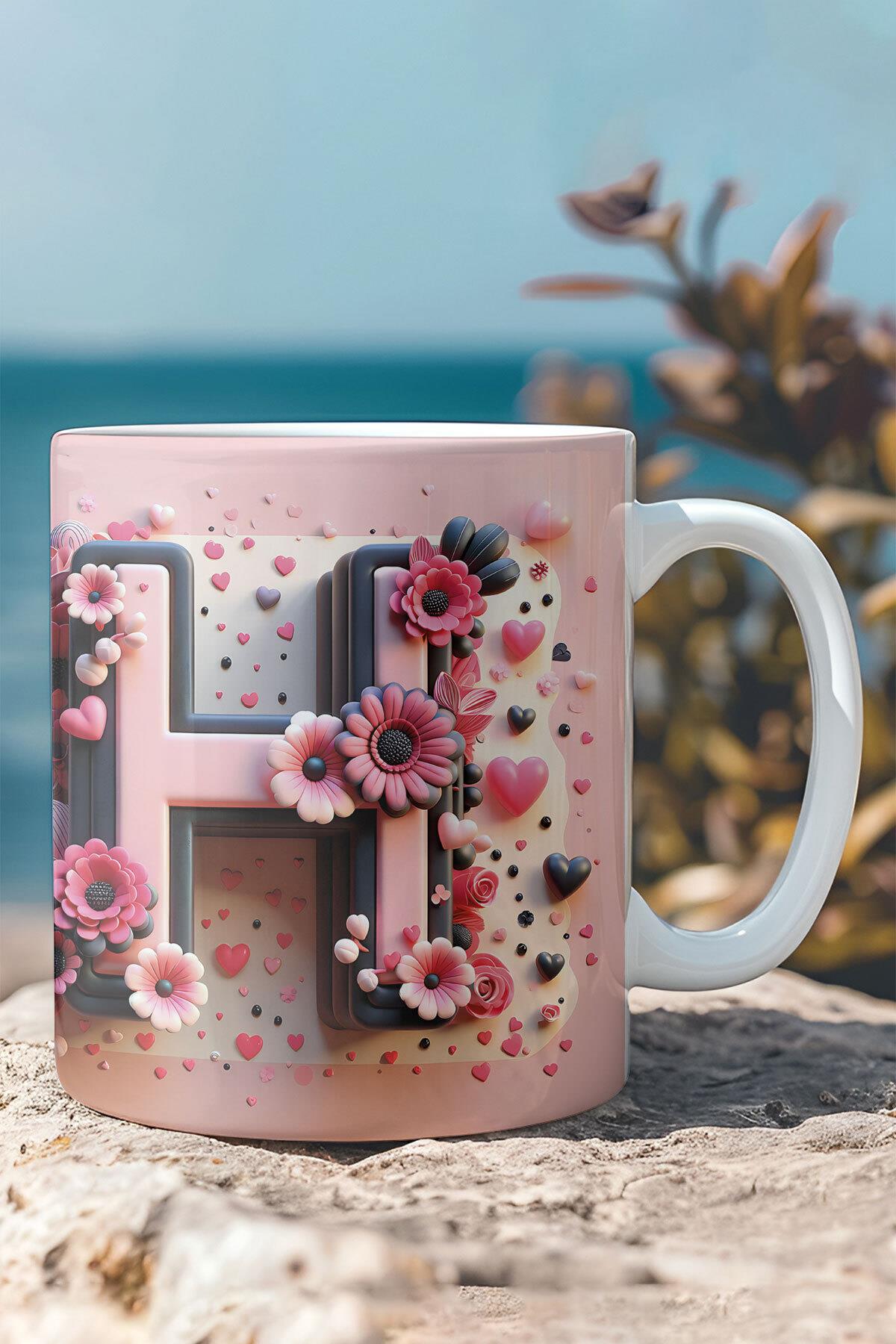 Renkli Çiçekli A Harfi Baskılı 3D Görünümlü Tasarım Mug Kupa Bardak