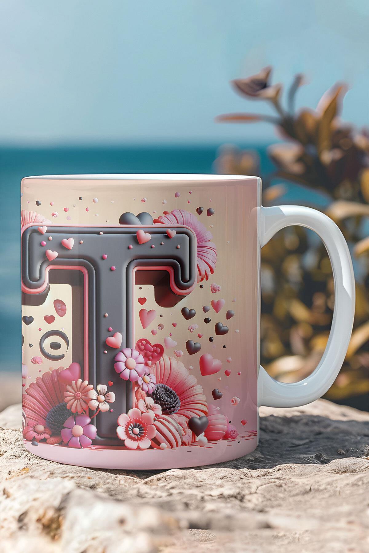 Renkli Çiçekli A Harfi Baskılı 3D Görünümlü Tasarım Mug Kupa Bardak