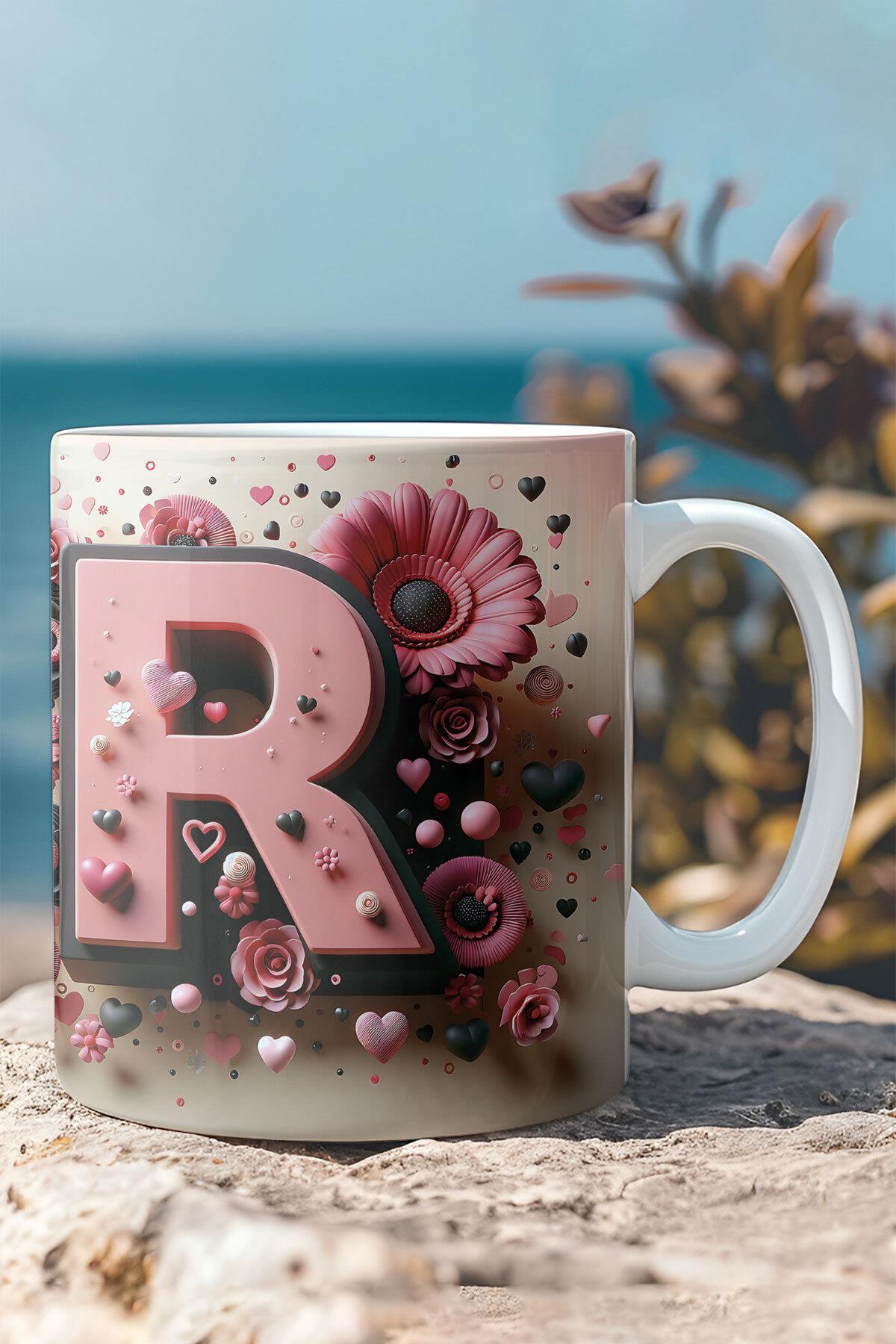 Renkli Çiçekli A Harfi Baskılı 3D Görünümlü Tasarım Mug Kupa Bardak