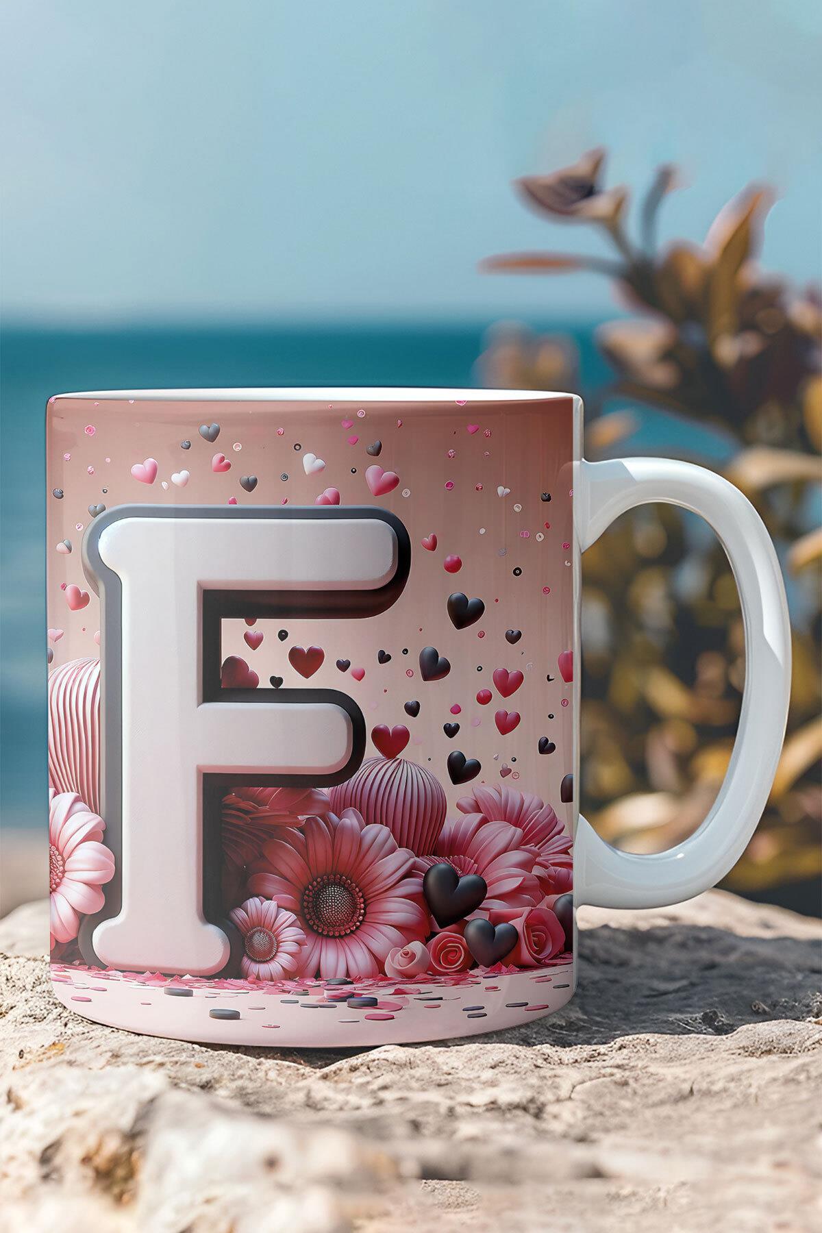 Renkli Çiçekli A Harfi Baskılı 3D Görünümlü Tasarım Mug Kupa Bardak