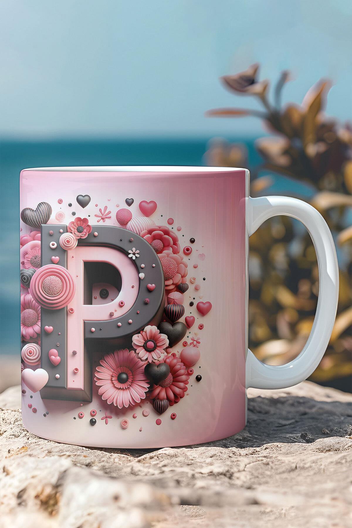 Renkli Çiçekli A Harfi Baskılı 3D Görünümlü Tasarım Mug Kupa Bardak